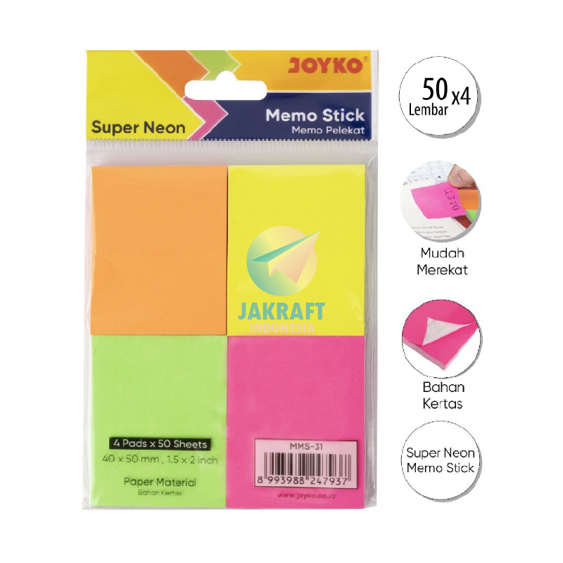 

(200 Lembar) Kertas Memo Tempel Super Neon JOYKO MMS-31 Sticky Note 4 Warna (4 x 5 Cm)