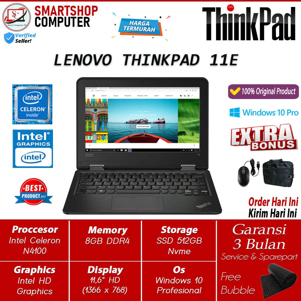 LAPTOP MURAH LENOVO THINKPAD 11E INTEL N4100 8GB 512GB SSD 11.6 HD WIN10 PRO BLACK PROMO