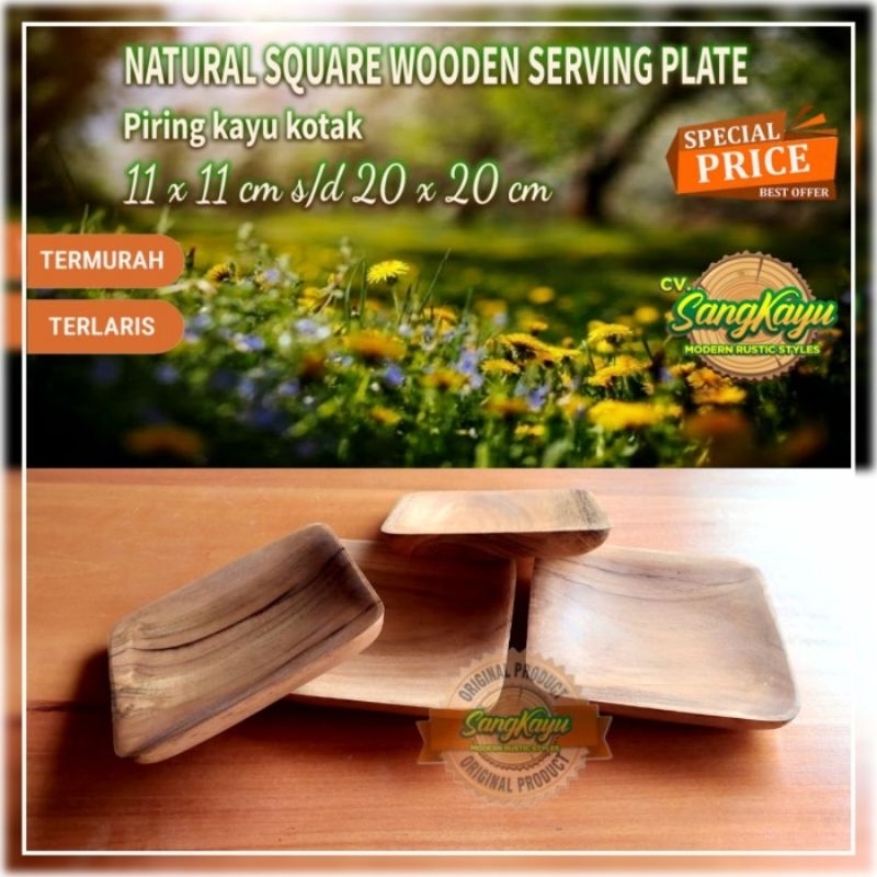 Piring kotak saji kayu 12x12cm wooden serving plate mangkok saji