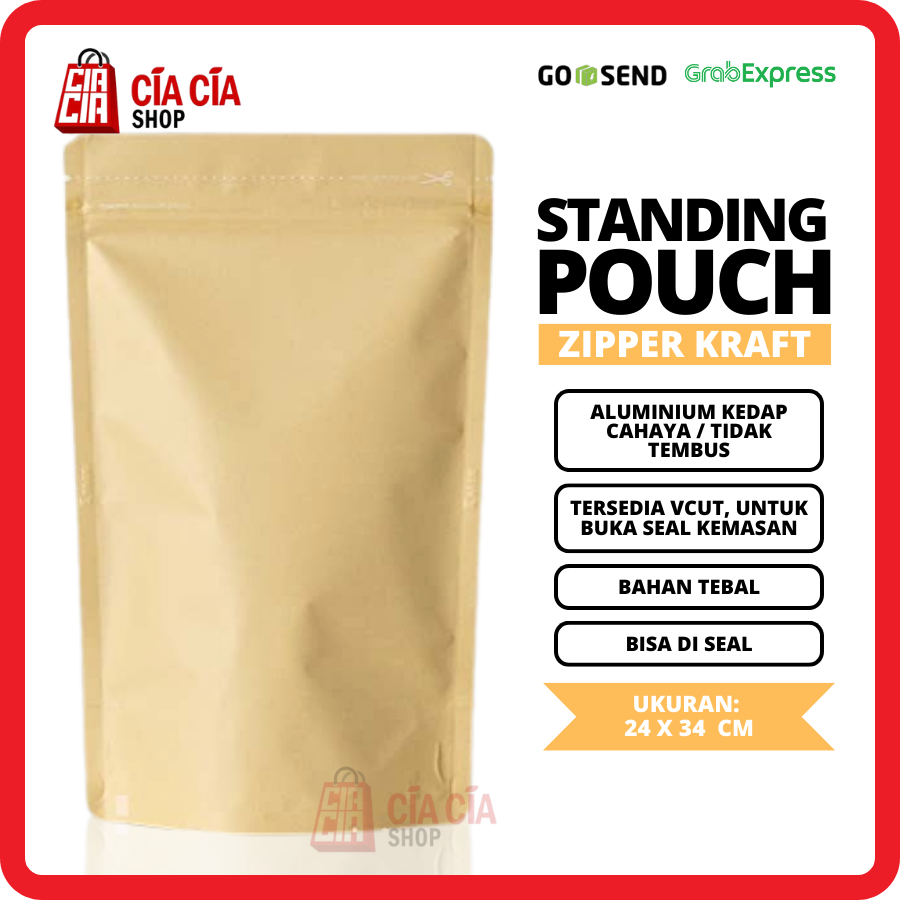 Kemasan Standing Pouch Zipper Kopi / Biji Kedap 24x34 FG Eco Kraft Alu Food Grade