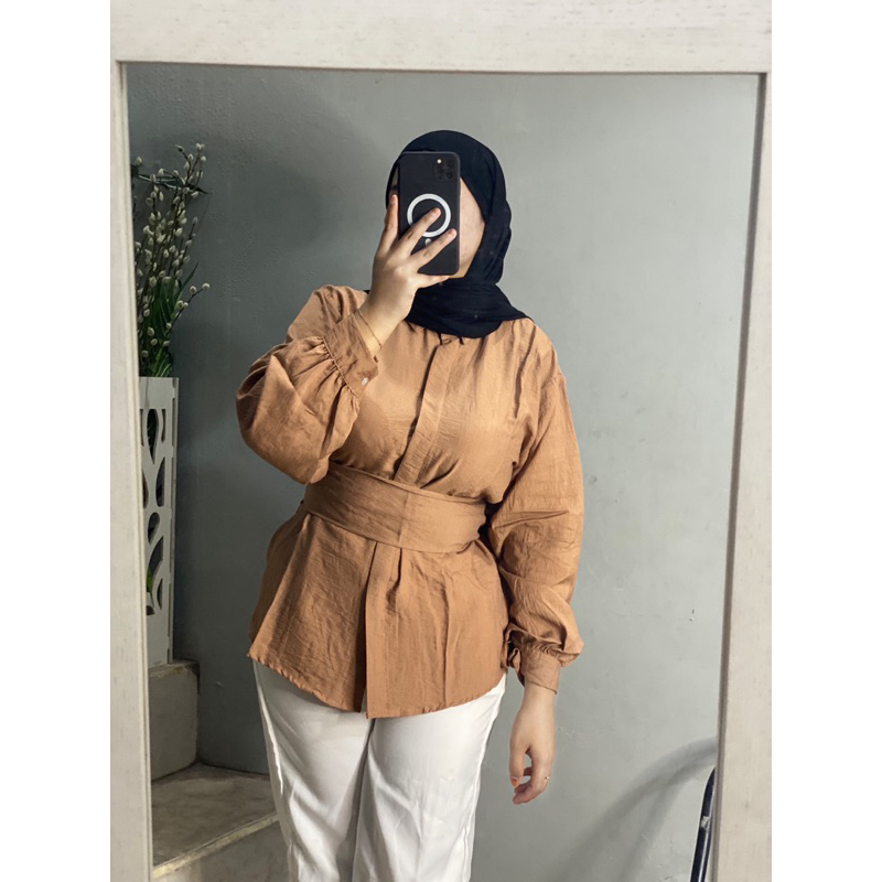 Kemeja Wanita Polo Linen Obi Belt  Atasan BigSize Terbaru Nyaman Fashionable