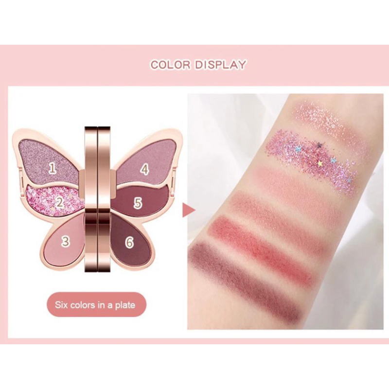 Agag perona mata Wanita Cewe Palette butterfly Mata Eyeshadow Glitter Matte Rias Plat Isi Enam Warna Model Kupu Pewarna Mata Import Lucu Unik Shimmer 6 Shades Glamorous Temptation High Pigment Beauty Color glitter 6 warna kosmetik eyeshadow