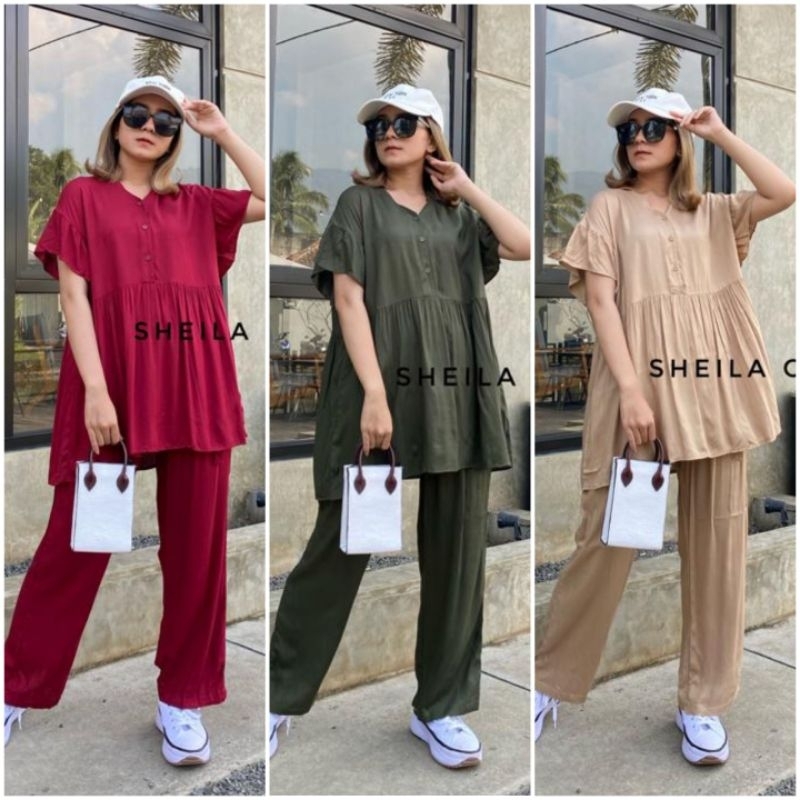 BISA COD GALERIAZKIYA SHEILA ONE SET/ ONESET LENGAN PENDEK RUFFLE BUSUI KANCING/ SETELAN RAYON POLOS