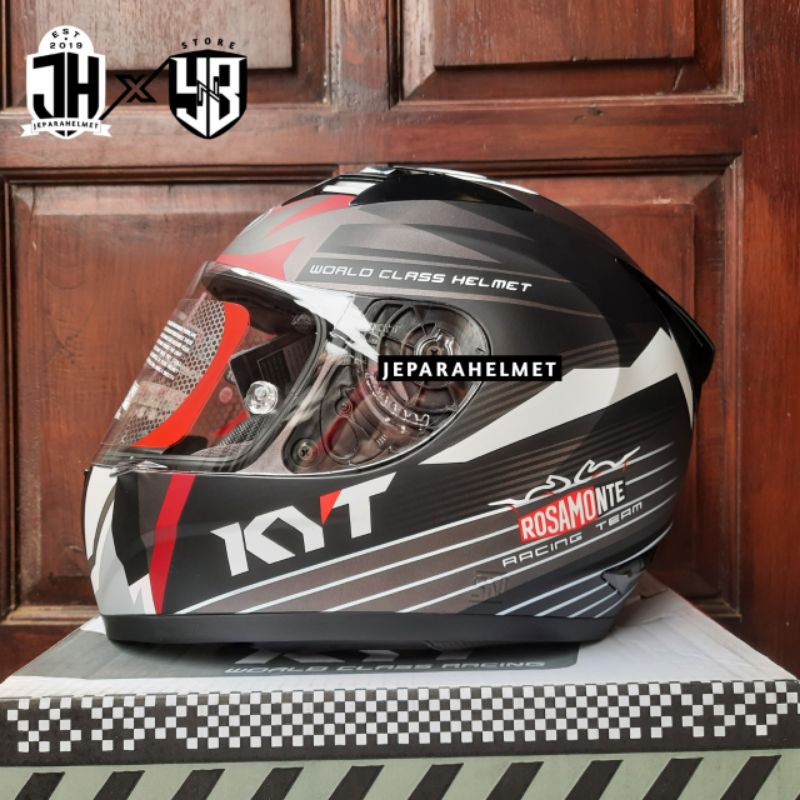 Helm Full Face KYT R10 Motif Seri 3 Race Edition Rosamonte Matt Gunmetal White Doff Flat Visor Clear