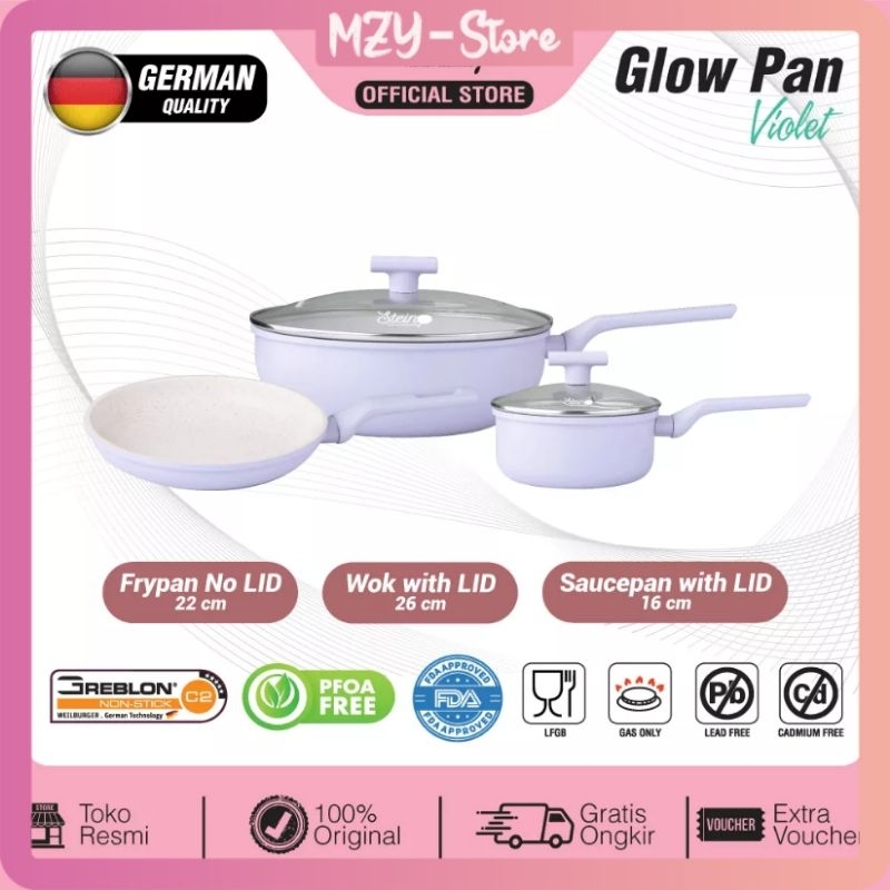 Stein Glow Pan Set Violet Blue Pink Steincookware Glowpan Violet Glowpan Pink Glowpan Blue  Series Wajan Set (Frypan 22 Saucepan 16 Wokpan 26)