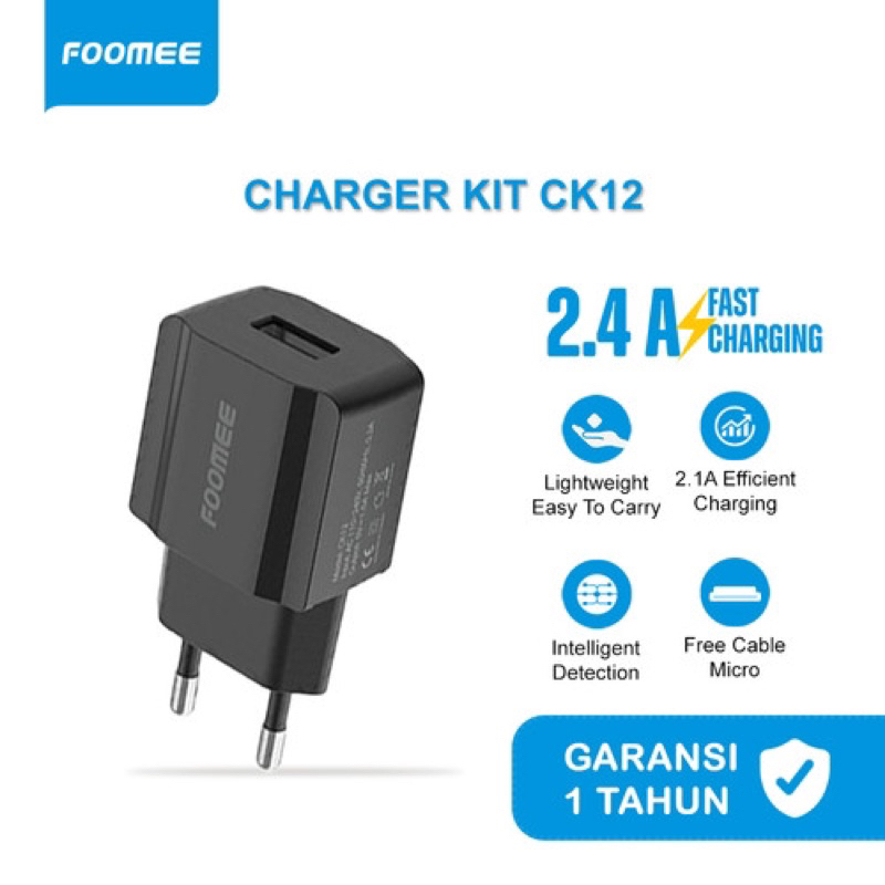 FOOMEE CK12 Charger 1 USB Port 1.5A + Kabel Data Micro 1M Original Foomee