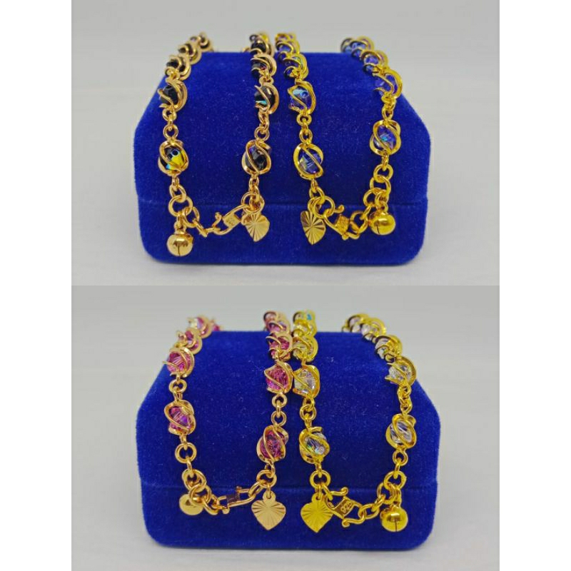 gelang tangan rantai kristal+1bel+1love ukir/perak asli silver 925 lapis emas/perhiasan fashion terbaru