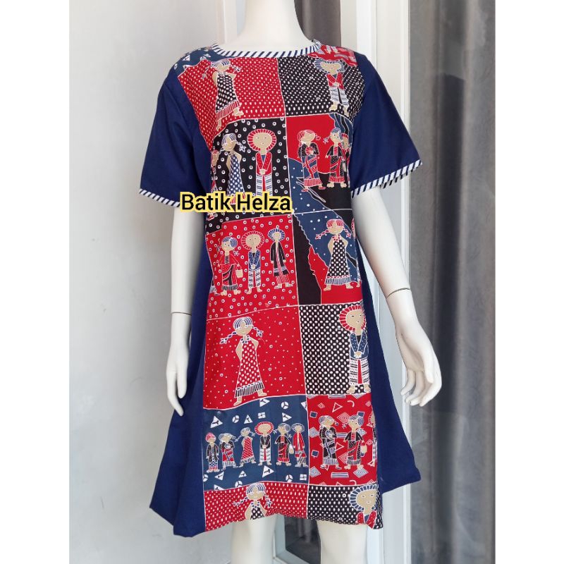 Dres batik wanita modern solo motif karakter mix toyobo navy bahan katun size S-XXXL