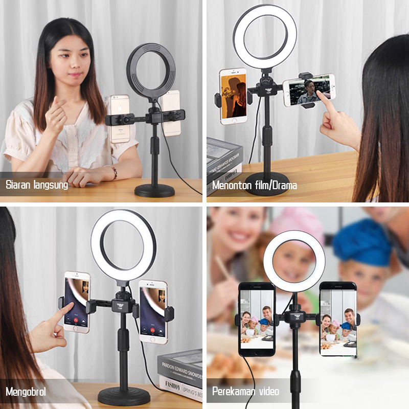 Ring light 16cm+Tripod +2 Holder HP Tripod Mini Stand untuk HP Live stream Selfie Make Up Vlog Lampu