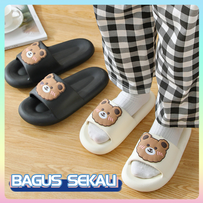 Sandal Korean Lucu Style Import Wanita Sendal Slop Wanita Motif Beruang Terbaru Karet Sandal Pijat Anti-Selip Untuk Kamar Mandi