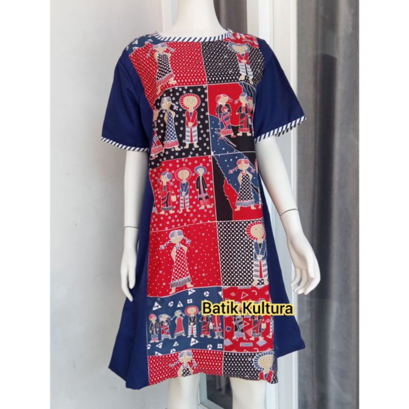 tunik batik wanita modern motif karakter mix Toyobo navy size s-xxxl