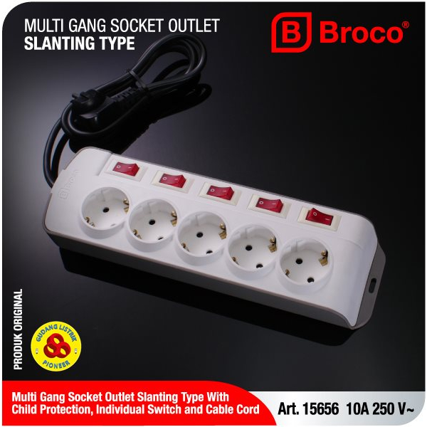 Broco Stop Kontak 5 Lubang Miring CP 15656 + Saklar Lampu Tersendiri + Kabel 1.5M