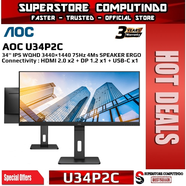 Monitor AOC U34P2C 34&quot; IPS 1440p Ultrawide WQHD HDMI DP USB-C Speaker