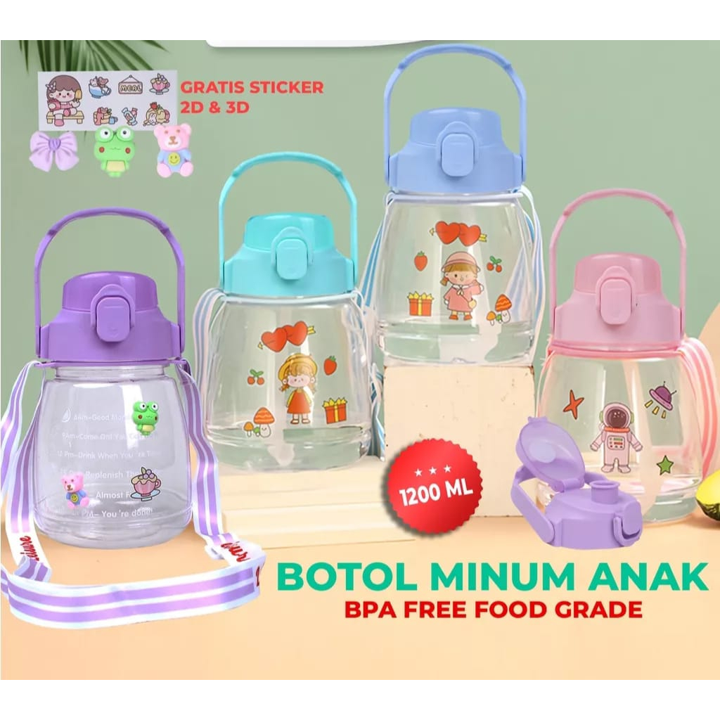 Botol Minum Anak Botol Gemoy 1.3 Liter /Botol MInum Viral anak Big belly Gratis stiker,sedotan,handle,tali panjang BPA FREe/Big Belly Water