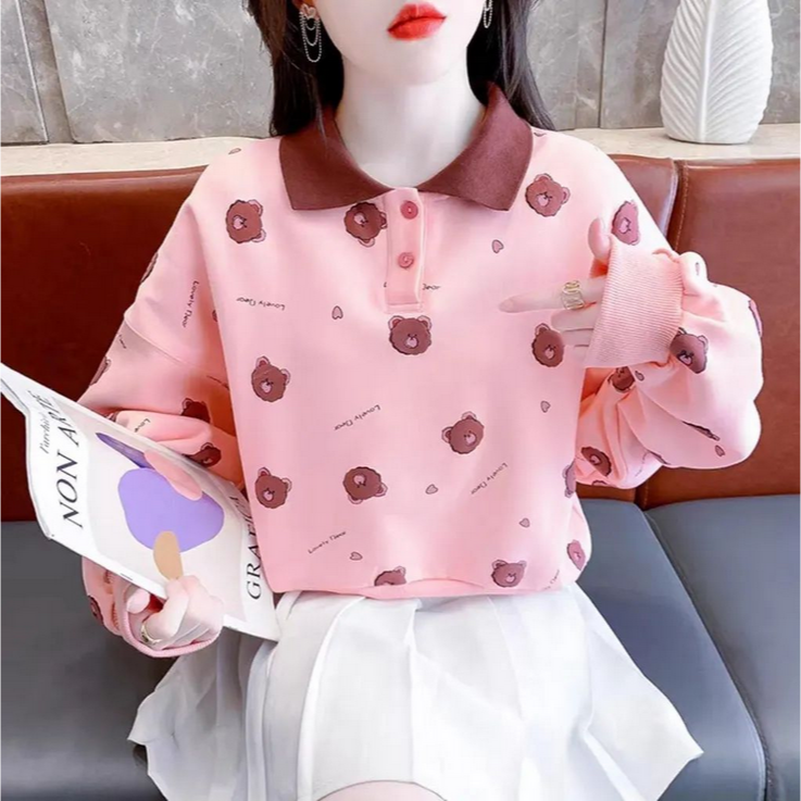 LOVELY BEAR Sweater Collar Wanita Oversize | Sweatshirt Full Print Sweater Kerah Kancing | Sweater Kerah Lucu Wanita Korean Style