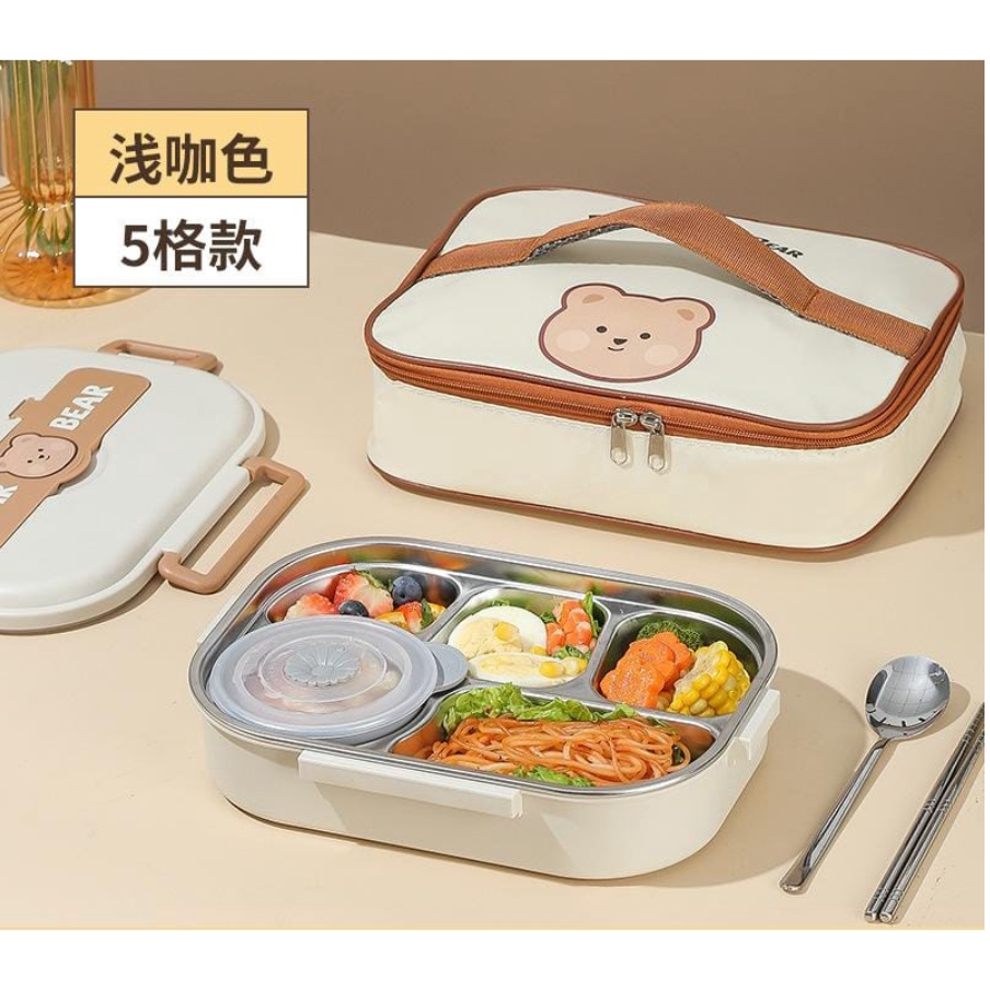 READY STOCK LUNCH BOX ANAK SEKOLAH BAHAN STAINLESS STEEL 304 BEAR SERIES / KOTAK MAKAN SEKAT 2, 4 DAN 5 TAHAN PANAS DAN ANTI TUMPAH / KOTAK MAKAN BEKAL ANAK SEKOLAH + TAS LUNCH / TEMPAT MAKAN BEKAL ANAK MOTIF BEAR DAN KELINCI / DEAR BEAR BENTO BOX