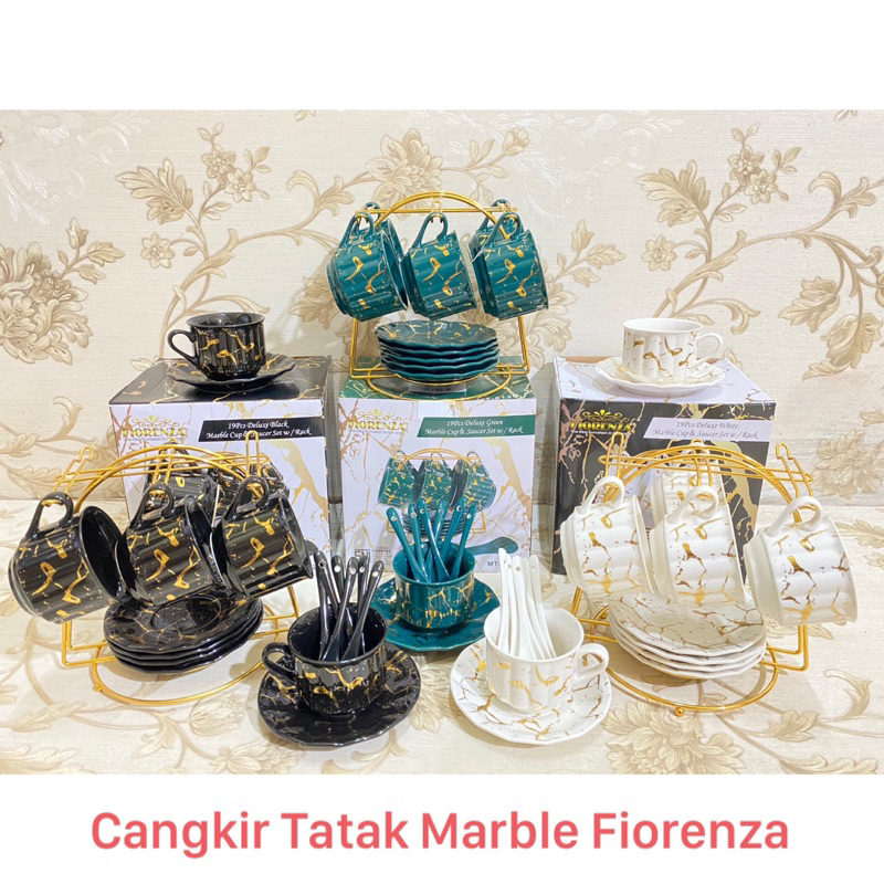 Deluxe Marble Cup and Saucer Set With Rack Gold Fiorenza/Cangkir Tatak Marble Dengan Rak Gold Fioren