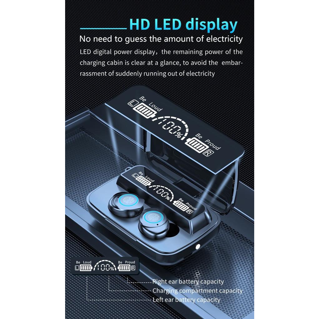 M17 Headphone TWS Nirkabel dengan Mikrofon, Headset Earbud BT Olahraga Stereo 9D