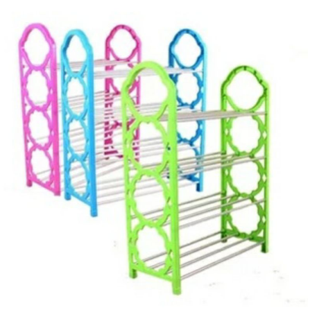 Rak sepatu warna 4 susun plastik dan aluminium cantik portable multifungsi