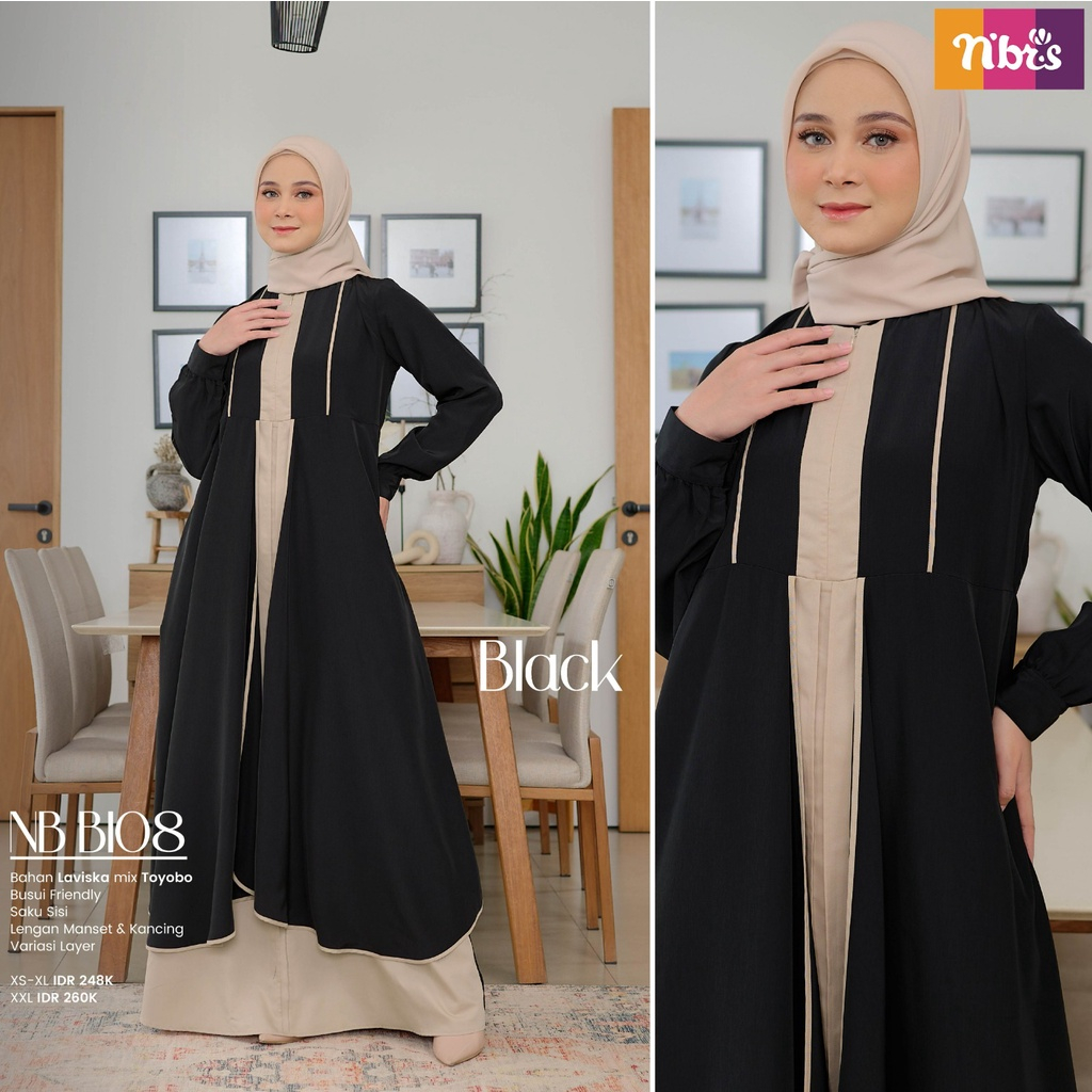 GAMIS WANITA NIBRAS TERBARU NB B108 BLACK / GAMIS BAHAN LAVISKA MIX TOYOBO  / GAMIS BUSUI FRIENDLY N