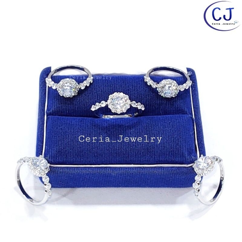 Cincin Perak Asli Silver 925 Lapis Emas Putih Model Bunga Permata Diamond Keliling - Perhiasan Perak Asli