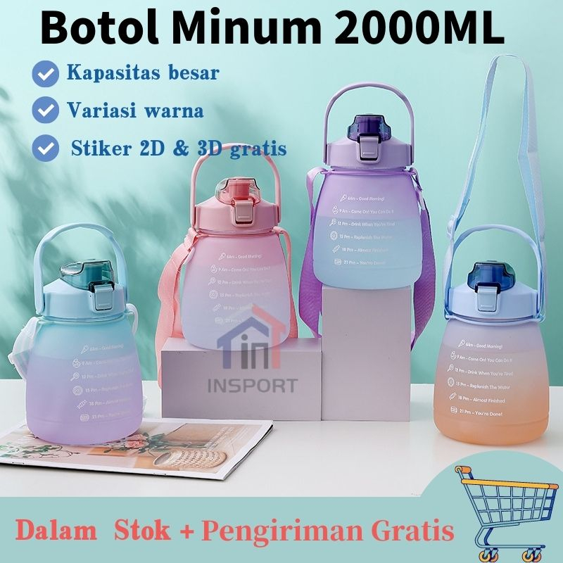 【Stiker Gratis】Big Belly Botol plus stiker &amp; Tali Botol Motivasi 1500ml Gradasi Penanda Waktu