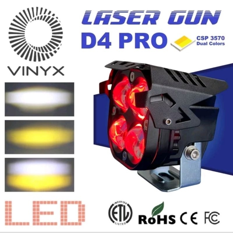 Lampu Tembak Sorot Lasergun 24 Volt 4 Mata LED VINYX D4 60 Watt Demon Angel Eyes Red Truk Bus Canter Putih Kuning 2 Warna D2 Hi Lo CWL Cutoff Motor Mobil High Low Laser Gun Offroad Bar Cree Jauh Dekat Dim Truck Bis Fuso Ragasa Foglamp Worklight 4 Kabel