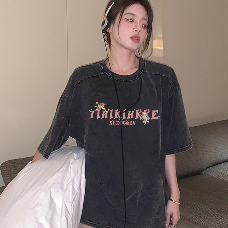 t shirt Hitam(washed) kaos t shir huruf baju wanita shirt oversize kaos oversize wanita t shirt korea baju kaos kaos atasan Letter oversize kaos t shirt oversize  t baju wanita