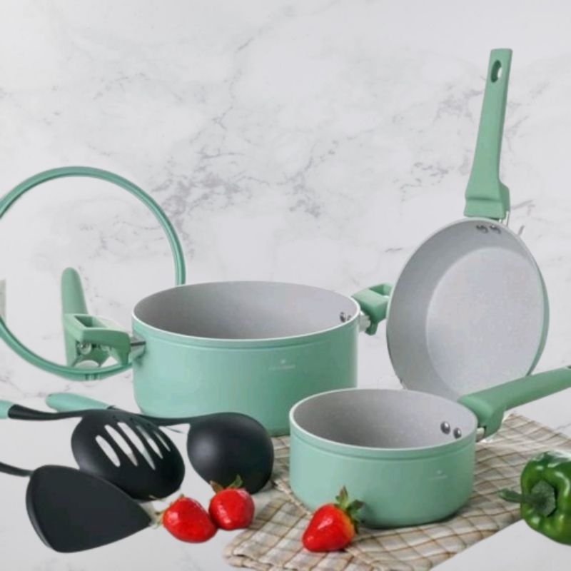 Le Cuisine Forged Aluminium Set Of 7 Pcs Cookware Set Warna Hijau Sage Panci Set Modern Anti Lengket