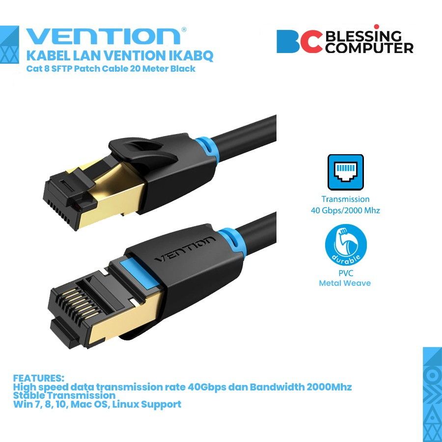 KABEL LAN VENTION IKABQ Cat 8 SFTP Patch Cable 20 Meter Black