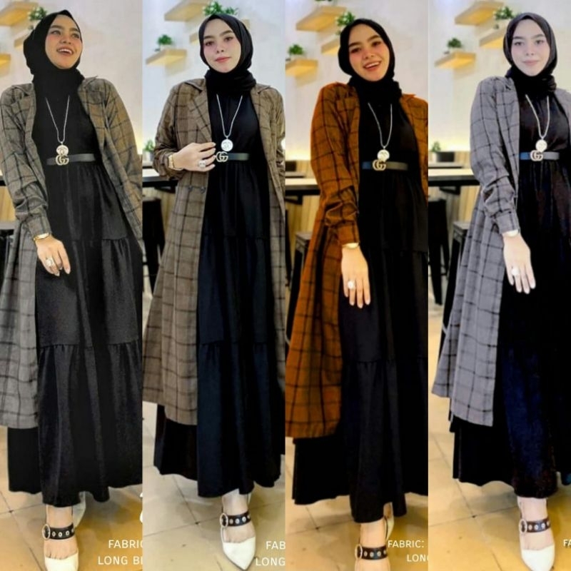 ANORA / PANELI SET GAMIS 2IN1 INNER BAHAN SHAKILA + OUTER LONG BLAZER BAHAN SEMI WOLL