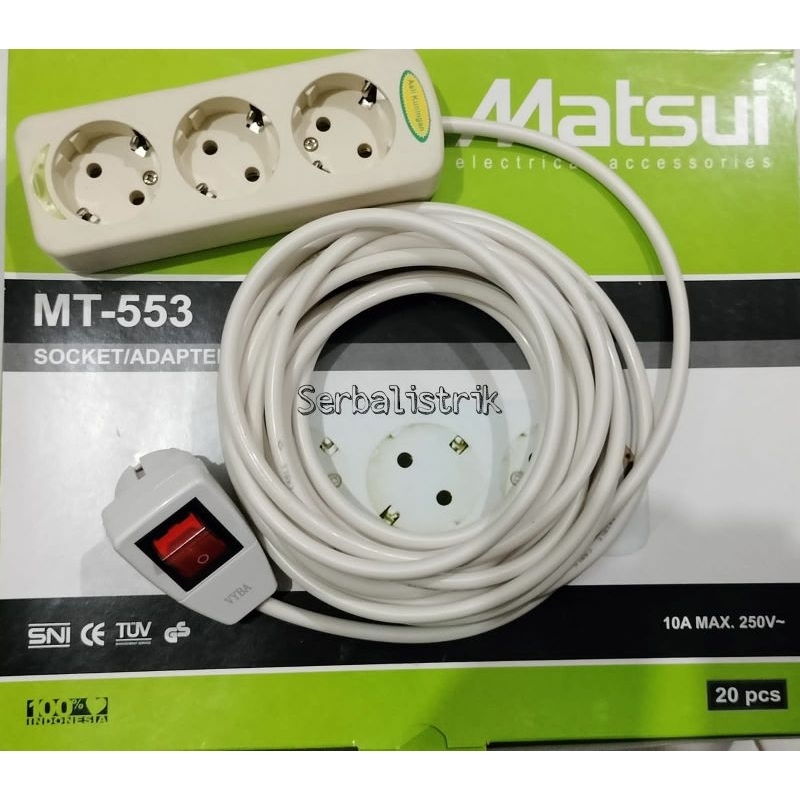 Stop kontak MATSUI 1,2,3,4,5,6 lubang+Kabel 1,2,3,4,5,6,7,8,9,10M+Steker lampu ON/OFF