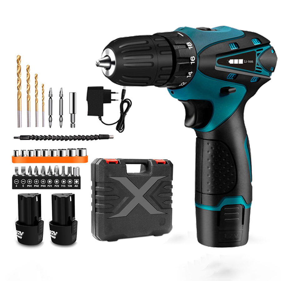 Mesin Bor Cas Charger 12V Cordless Drill Set Mata Bor/bor baterai cas komplit/bor tangan listrik/bor
