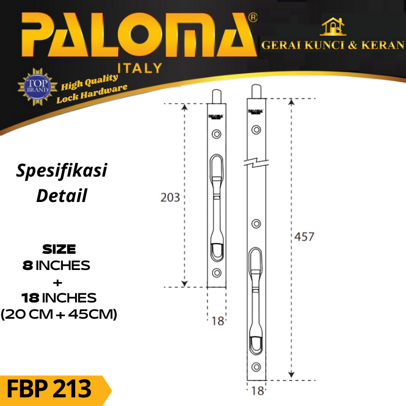 PALOMA FBP 213 SLOT PINTU GRENDEL TANAM 8 + 18 INCH (20+45CM) FLUSH BOLT STAINLESS SUS 304