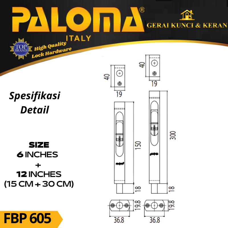 PALOMA FBP 605 Flush Bolt SABRINA 6&quot;+12&quot;  Grendel Tanam Slot Pintu GOLD EMAS PB