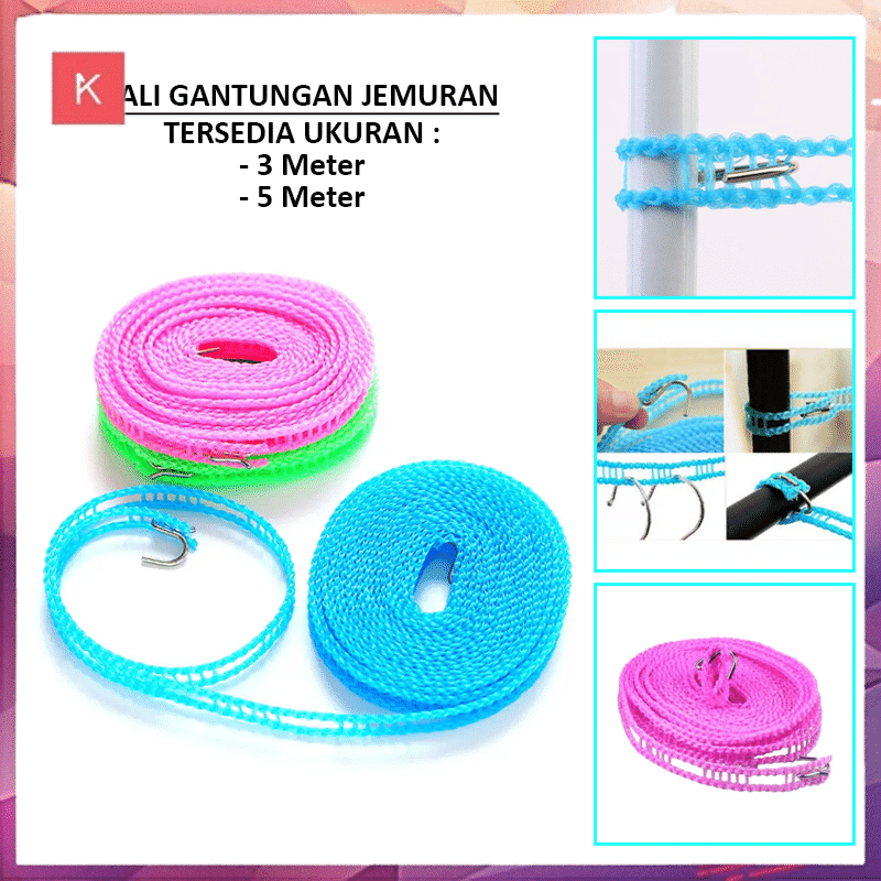 ANG TALI GANTUNGAN JEMURAN BAJU PORTABLE HOOK UKURAN 3METER DAN 5METER