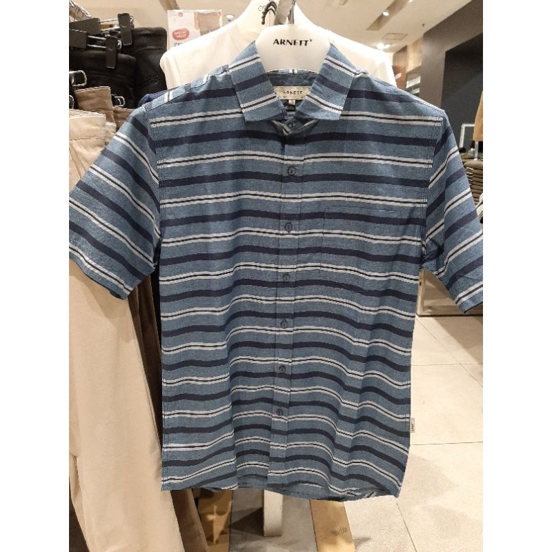 Arnett Baju Pria Kemeja Lengan Pendek Stripe Navy