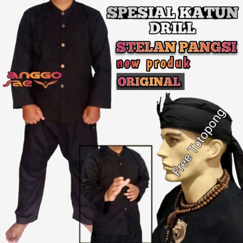 Baju Pangsi Katun Drill Original Stelan Pangsi Jumbo Size s-xxxL Promo Gratis Totopong Baju Adat Daerah Baju Adat Sunda Kancing Batok Baju Tradisional Pakaian Sunda