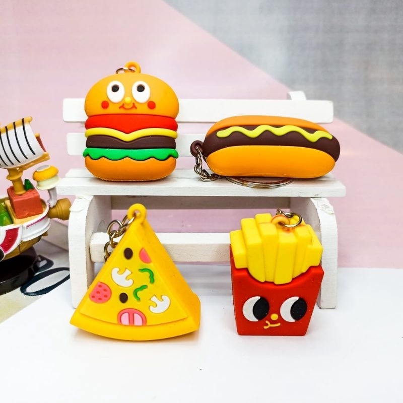 Gantungan Kunci Fast Food Burger Pizza Hotdog French Fries - Ganci Souvenir Import 3D High Quality