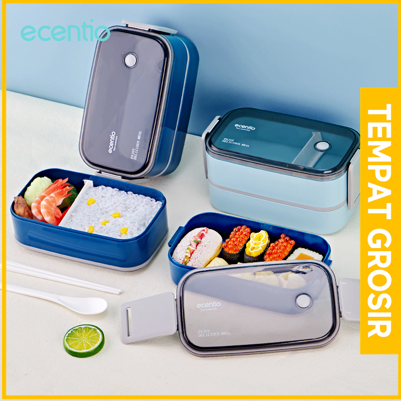 ecentio Kotak Bekal Anti Bocor Kotak Makan 2 susun 1600ml Dark biru tempat makanan Double layer Bento lunch box set Free sendok&amp;sumpit warna