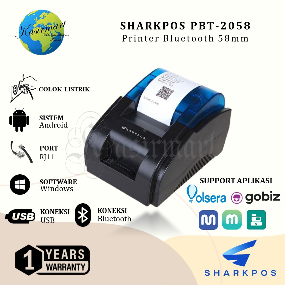 Sharkpos PBT Printer Bluetooth Android 58mm RPP02N Support RJ11 USB NON AUTO cut Cetak Struk Thermal Pembayaran PPOB Mokapos Qasir Pawoon