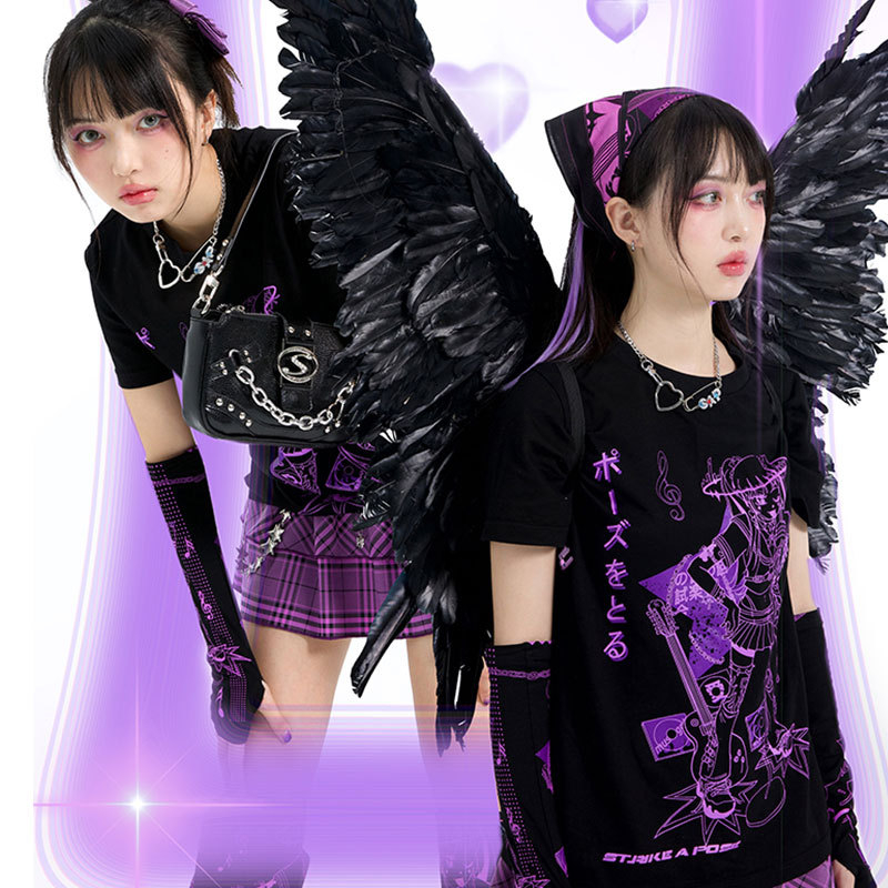 [ GOTH ] Grunge T-shirt Tops Gothic Outfits Anime Clothes / Atasan Kaos Grunge Pakaian Gotik Pakaian Anime 8055 (L/XL)