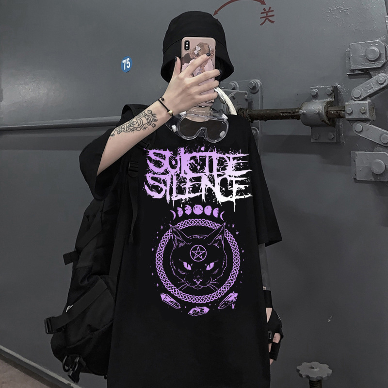 [ GOTH ] Punk Dark clothing Female Oversized Loose Ladies Top Gothic Tshirts Harajuku Clothes / Punk Gelap Pakaian Wanita Kebesaran Longgar Wanita Top Gothic Tshirts Pakaian Harajuku 8056 (L/XL)