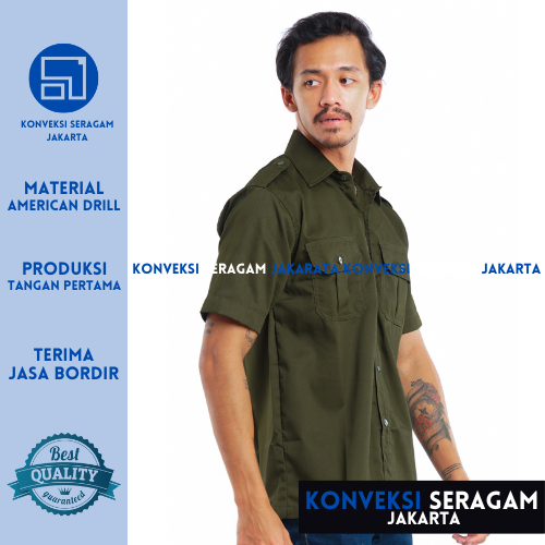 Baju Kemeja PDL Lengan Pendek Seragam Kerja Dinas Lapangan Outdoor Outdor Gunung Komunitas Custom Bordir Hijau Army Pria Wanita