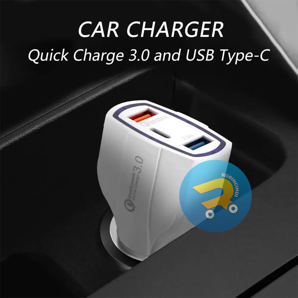 Charger Mobil Triple Port Quick Charger Type C dan Usb Qc 3.0 3.5A  / Adaptor Mobil / Car Charger / Colokan Mobil / Fast Charging / Adapter Mobil - Adaptor mobil Type C - Car Charger Type C - Colokan Mobil Type C - Adapter Mobil Type C