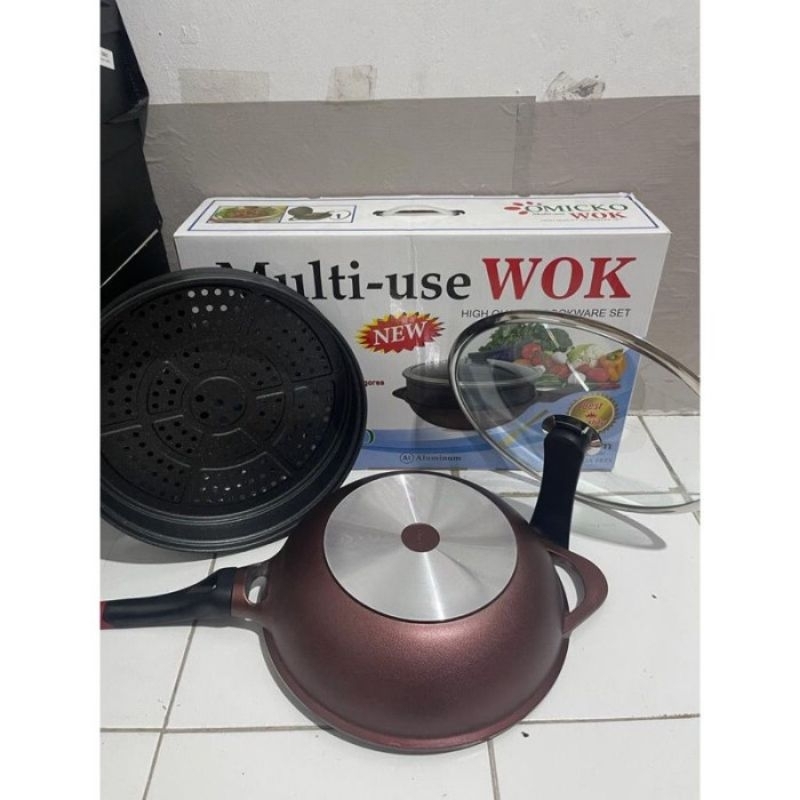 wajan wok pan + kukusan omicko 32cm anti lengket tutup kaca tebal wajan penggorengan wok pan keramik free kukusan panci omicko wajan+kukusan anti lengket wok pan multi use wajan serbaguna