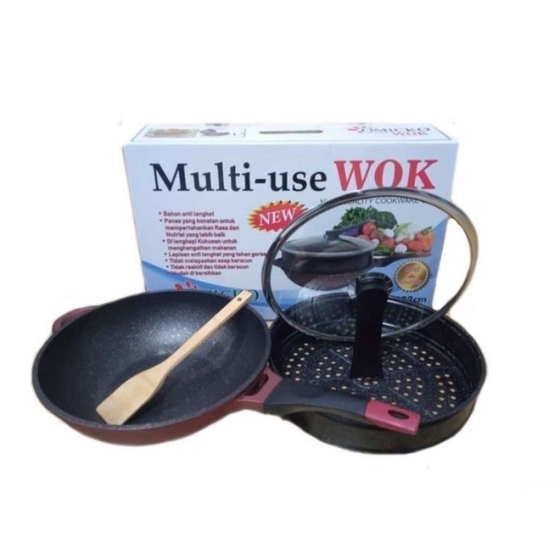 wajan wok pan + kukusan omicko 32cm anti lengket tutup kaca tebal wajan penggorengan wok pan keramik free kukusan panci omicko wajan+kukusan anti lengket wok pan multi use wajan serbaguna