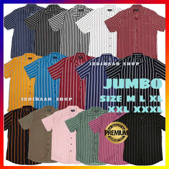 Kemeja Salur Pria Stripe Lengan Pendek Cowok Premium Distro Hem Garis Belang Hitam Baju Strip JUMBO