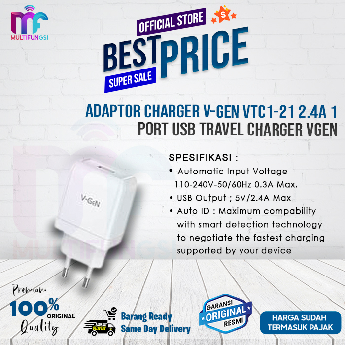 Adaptor Charger V-GeN VTC1-21 2.4A 1 Port USB Travel Charger VGEN