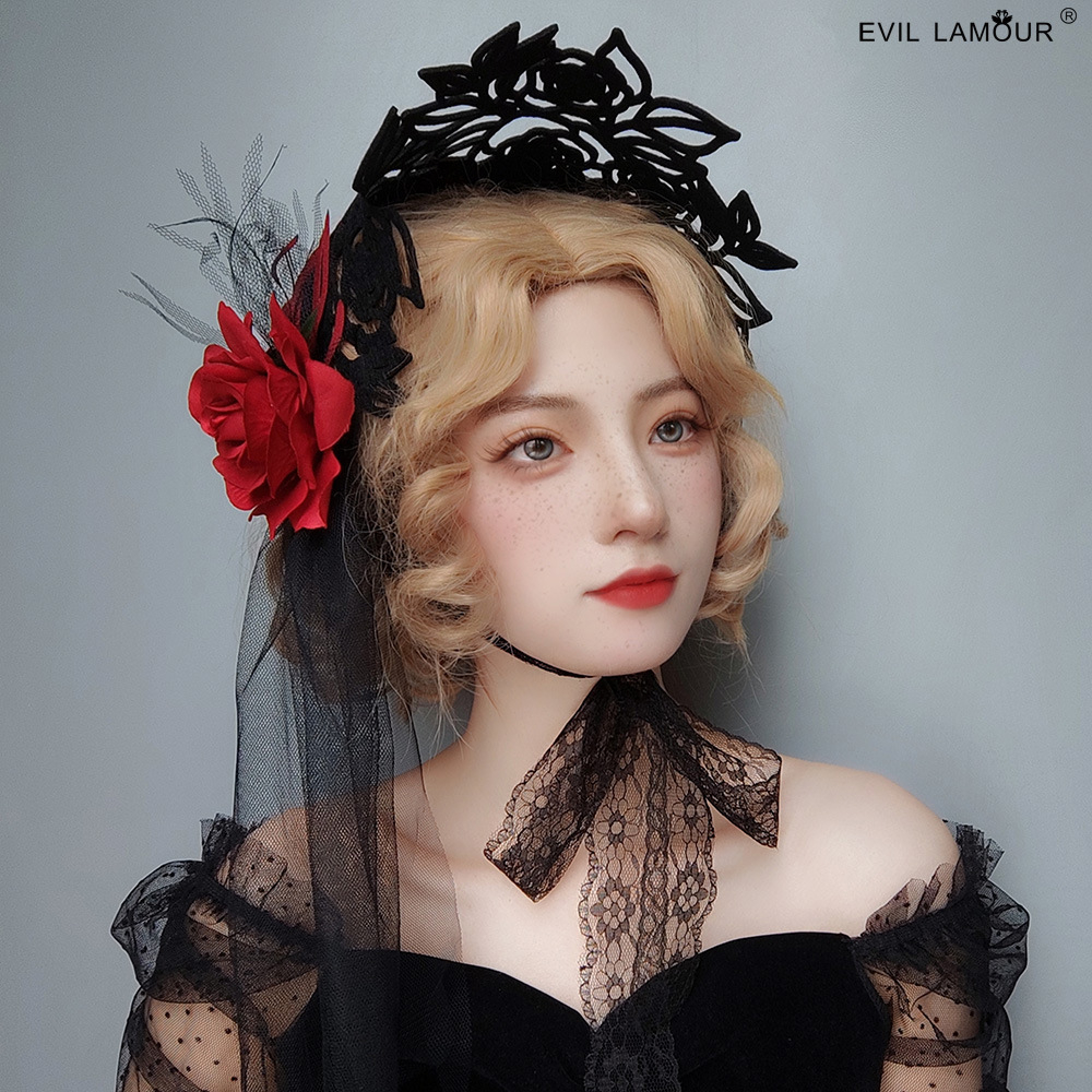 [ GOTH ] Gothic Lolita Headband with Rose Flower Lace Headpiece / Gothic Lolita Headband dengan Headpiece Renda Bunga Mawar 8027